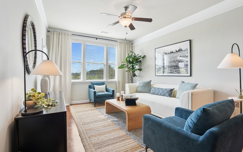 a living room with a large window